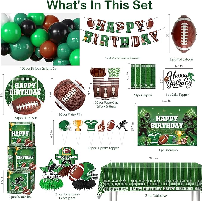 cocomigo 245 Pcs Football Birthday Party Decorations Football Birthday Banner Balloons Plates and Napkins Tablecloth Backdrop for Game Day Touchdown Sports Theme Party Supplies