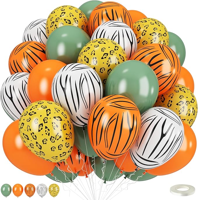 Safari Balloons, Jungle Animal Print Balloons 12 Inch, Tiger Leopard Zebra Print Jungle Safari Theme Olive Green Orange Balloon for Birthday Zoo Forest Animal Wild One Party Decorations Supplies