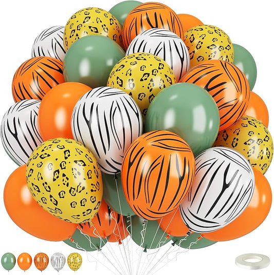 Safari Balloons, Jungle Animal Print Balloons 12 Inch, Tiger Leopard Zebra Print Jungle Safari Theme Olive Green Orange Balloon for Birthday Zoo Forest Animal Wild One Party Decorations Supplies