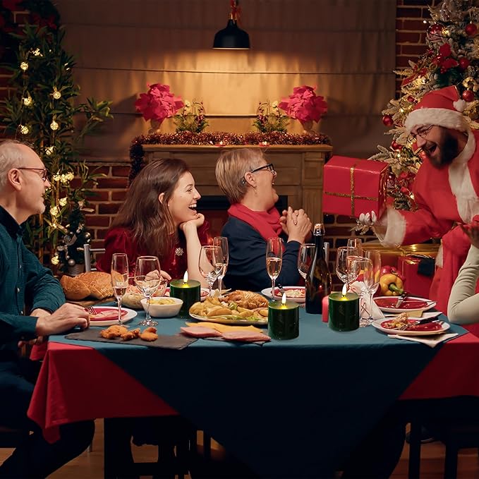 Green Flameless Pillar Candles, Real Wax Battery Operated Candles with Remote and Timer, Flickering LED Candles for Christmas Holiday Home Decor,Xmas Gift, Set of 3(3"x3")