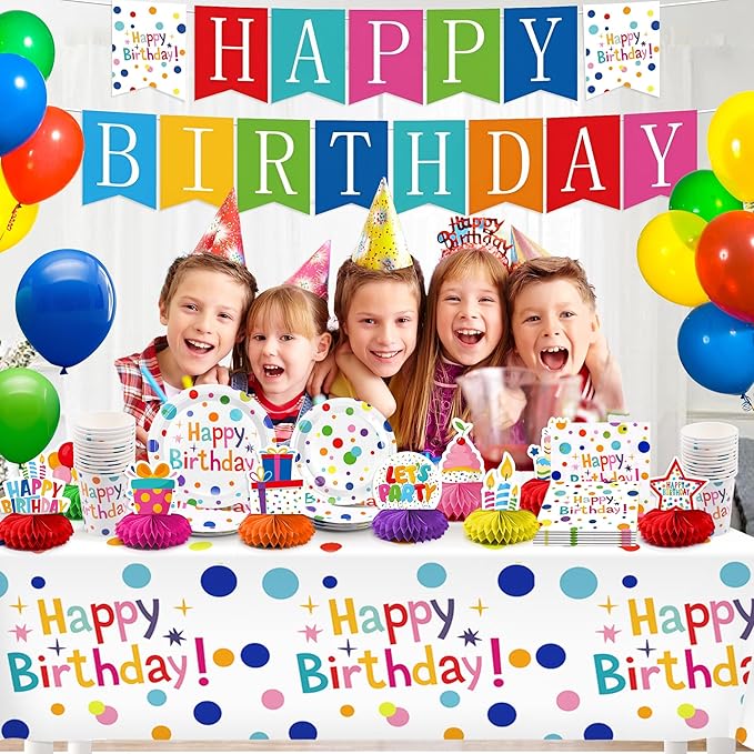 127Pcs Happy Birthday Party Supplies Decorations Set - Dot Design Disposable Tableware Kit with Plates, Napkins, Cups, Tablecloth, Banner, Balloons & Honeycomb Centerpieces for Boys Girls, Serves 24