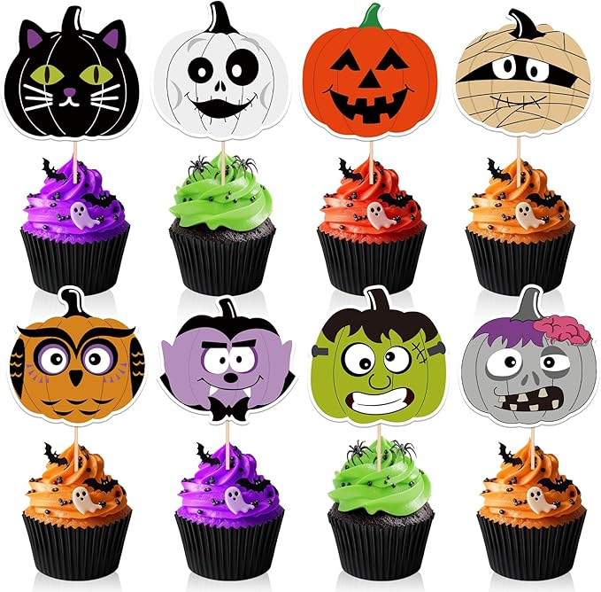 24 PCS Halloween Happy Birthday Cupcake Toppers Halloween Party Decorations Cake Decor Cupcake Decorations Cake Decorating Party Supplies Decor for Baby Shower Boys Girls