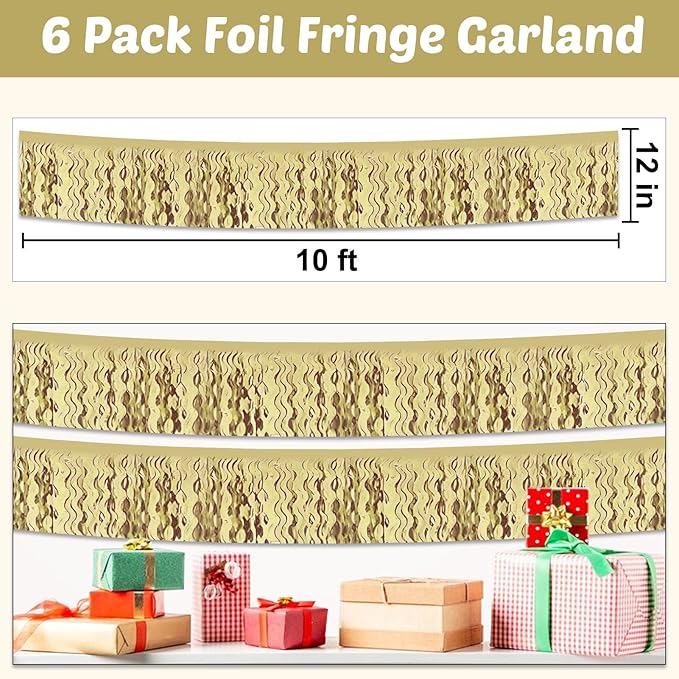 6 Pack 10 Feet Light Gold Wave Foil Fringe Garland Metallic Tinsel Streamers Banner Wall Hanging Curtain Backdrop for Parade Floats, Mother's Day, Easter, Wedding, Birthday Party Decoration