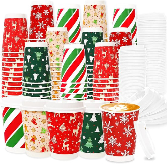 100 Sets Snowflake Gingerbread Man Christmas Tree Candy Disposable Coffee Cups with Dome Straws Sleeves 12 oz Paper Cups Sleeves Stir Straws Plastic Lids for Xmas Dinner Party Drinks Supplies