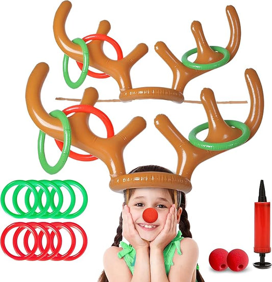 CircleCraft Inflatable Reindeer Antler Ring Toss Game Set – 2025 Christmas Party Games for Families – Includes 2 Antler Hats, 10 Rings, Red Reindeer Noses, and Pump – Perfect for Holiday Fun