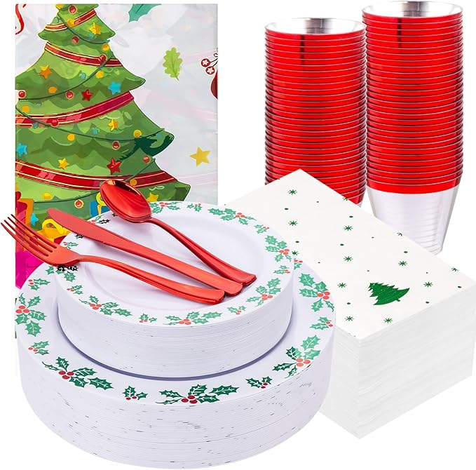 GATHER 176Pcs Christmas Plastic Plates - Green Christmas Plates Disposable and Red Cutlery Set Includes 50 Plate 75 Plastic Silverware 25 Cups 25 Napkins and 1 Tablecloths for Xmas Party