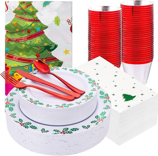 GATHER 176Pcs Christmas Plastic Plates - Green Christmas Plates Disposable and Red Cutlery Set Includes 50 Plate 75 Plastic Silverware 25 Cups 25 Napkins and 1 Tablecloths for Xmas Party