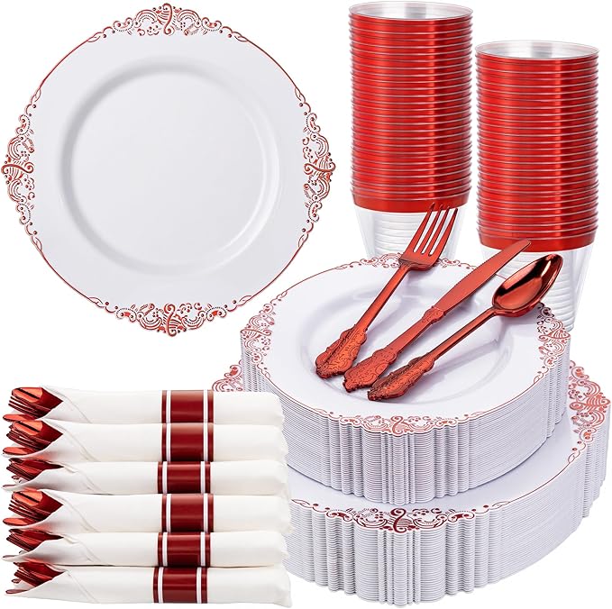 Nervure 175PCS Red Plastic Plates - White Red Plastic Dinnerware Sets for 25 Guests - 50 Red Disposable Plates, 25 Pre Rolled Cutlery Set, 25 Cups Perfect for Wedding, Party & Christmas