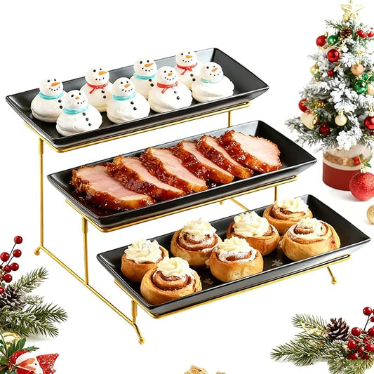 LYEOBOH 3 Tier Serving Tray Set, Tiered Serving Stand with Platters, Serving Dishes for Entertaining Halloween Christmas Party, Collapsible Sturdier Stand & 14 Inch Large Platters for Food Display
