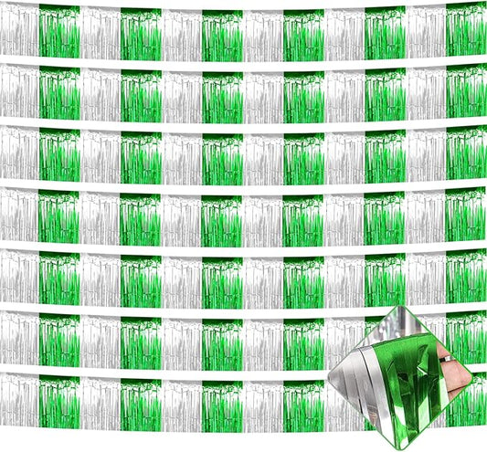 10 Pack 10 Feet Foil Fringe Garland Metallic Tinsel Streamers Banner Wall Hanging Backdrop for Parade Floats, Bachelorette, Wedding, Birthday, Mardi Gras St Patrick Day Party Decorations(Silver Green)