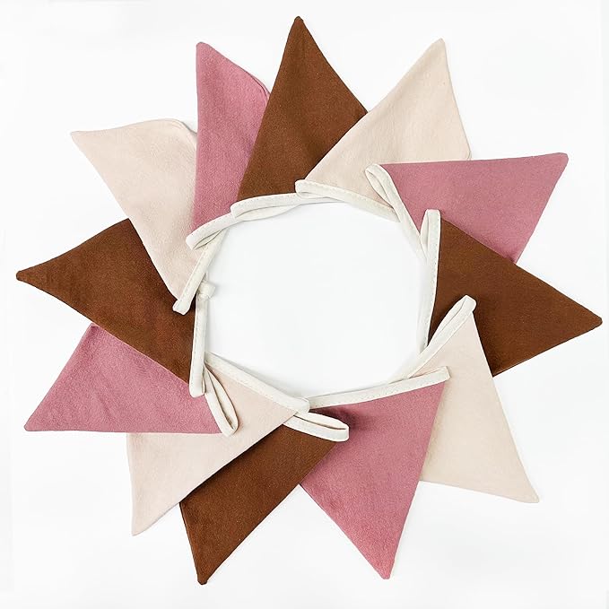 2 Sets of Brown Dusty Pink Beige Nursery Garland 24Pcs Linen Fabric Baby Banner Triangle Pennant Flags Streamers for Kids Girls Birthday Boho Baby Shower Party Decorations Baby Bedroom Nursery Decor