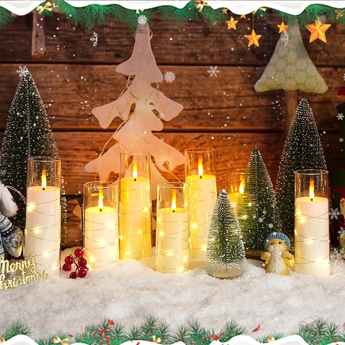Flameless Candles,with Embedded Star String, Battery Operated Candles Flickering LED Pillar Candles with Remote Control and Timer, Home Decoration Add a Warm and Romantic Atmosphere，Set of 7 (Ivory)