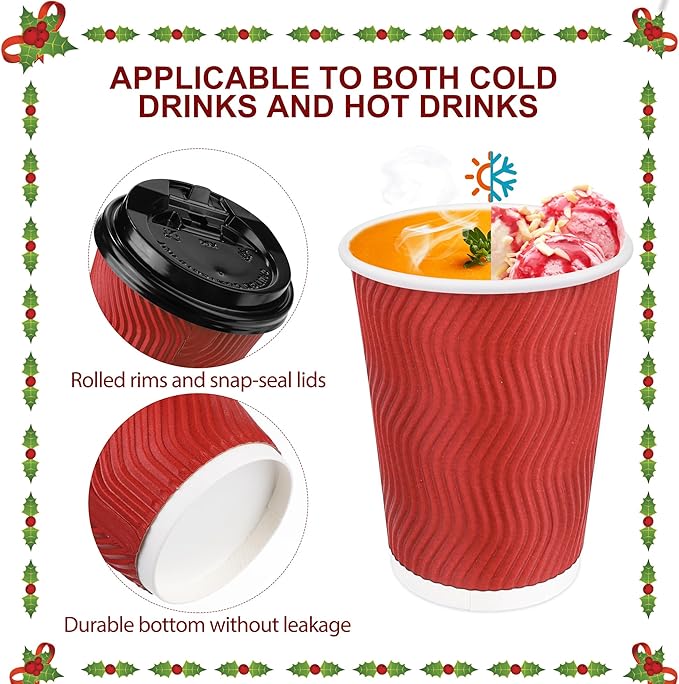 60 Pack 12 Oz Christmas Paper Coffee Cups with Black Lids Disposable Insulated Corrugated Ripple Wall Cup for Hot or Cold Drinks Office Home Travel Party Supplies