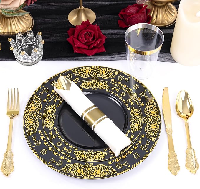 GATHER 350PCS Black and Gold Plastic Plates - Gold Disposable Dinnerware Set Include 50 Dinner Plates, 50 Dessert Plates, 150 Gold Plastic Silverware, 50 Napkins, 50 Cups for Wedding & New Year