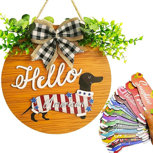 18 Pcs Interchangeable Seasonal Welcome Signs Front Door Decoration, Rustic Dachshund Seasonal Home Sign, Great Dog Gifts, Suitable for All Holidays Including Valentine's Day, Easter (Brown)