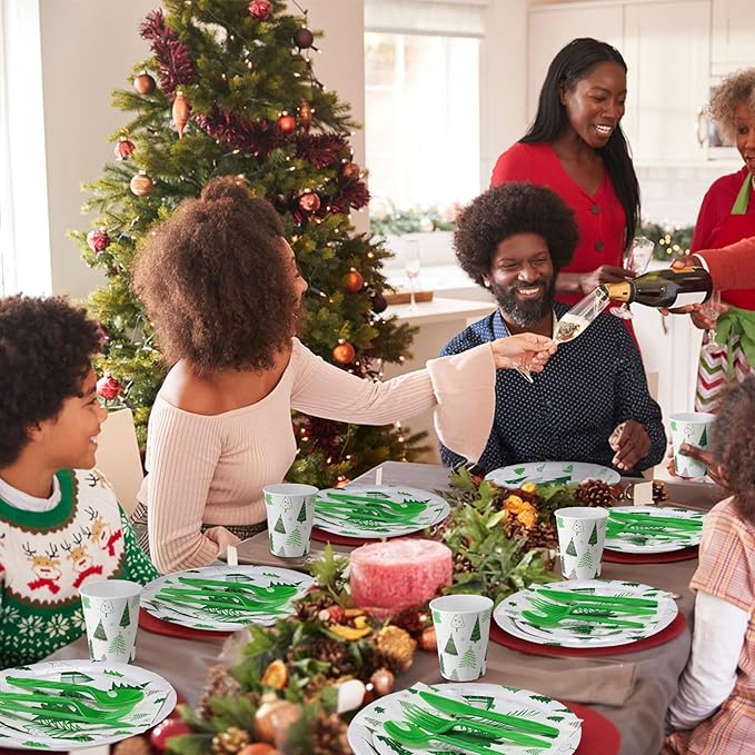 Pickmesh 400 Pcs Christmas Party Supplies Green Silver Xmas Tree Snowflake Disposable Paper Plates Napkins Cups Cutlery for Winter Xmas Christmas Birthday Party Table Decorations Serve 50