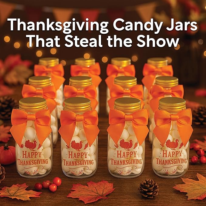 12 Pack Thanksgiving Candy Jars with Ribbons & Stickers – Mini Favor Bottles for Kids – DIY Candy Containers for Classroom, Fall Parties, Baby Showers, and Holiday Table Decorations