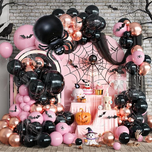 Halloween Balloon Arch Garland Kit, Black Pink Rose Gold Spider Foil Balloons with 3D Bat Stickers and Spider Webs for Girls Halloween Party Spooky Birthday Day Party Decorations
