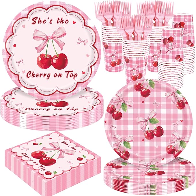 REDWORD Cherry Birthday Decorations, 120Pcs She's The Cherry On Top Party Plates Napkin Cups for Cherr y Theme Girl Birthday Baby Shower Party Decorations-Serves 24