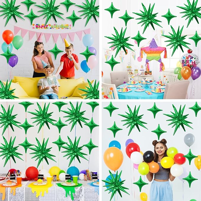 Green Star Balloons,6Pcs 22Inch Explosion Star Balloons and 10Pcs 10Inch Four Angle Balloon Kit for Witch Halloween Birthday Anniversary Disco Party Decorations