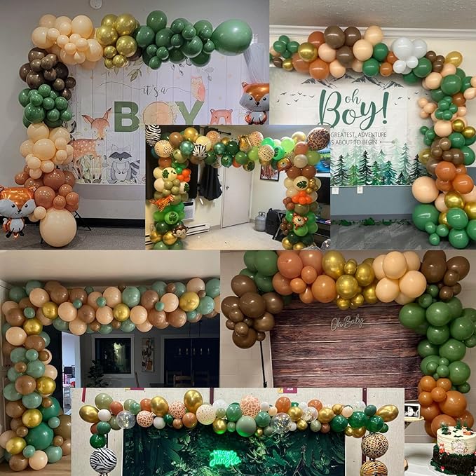 Green Brown Balloons 60 Pcs Jungle Safari Sage Green Brown Gold Cream Balloons Retro Khaki Avocado Apricot Balloon for Boys Giraffe Woodland Animal Baby Shower Birthday Party Decorations