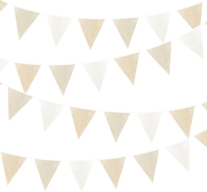 46Ft Burlap Party Decorations White Beige Burlap Banner Triangle Pennant Flag Linen Bunting Garland Streamers for Vintage Birthday Wedding Rustic Baby Shower Engagement Easter Party Decorations