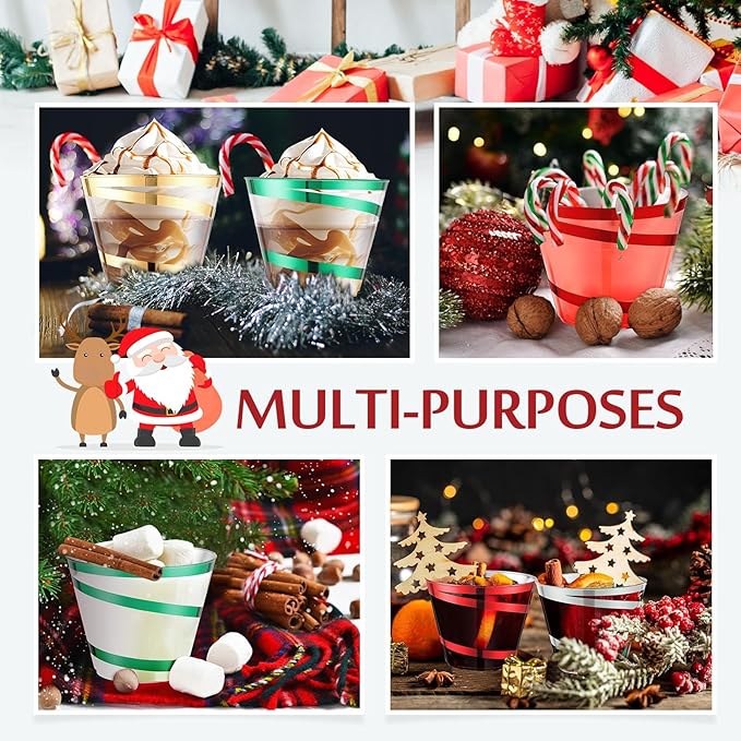 Gejoy 9 oz Rimmed Swirl Plastic Cups Disposable Wine Drinking Cups Clear Elegant Halloween Tumblers for Christmas Party Supplies(Red,Green,Gold,Silver,100 Pcs)