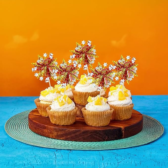 Ephlyn 30Pcs Foil Firework Cupcake Toppers Sparkle Tinsel Cupcake Picks Happy Birthday Cake Decorations Drink Stirrers Cocktail Food Fruit Toothpicks for Baby Shower Graduation Party Supplies Gold Red