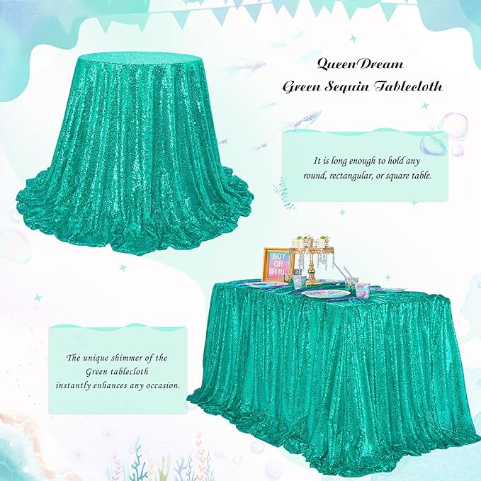 QueenDream Lake Green Sequin Decorative Party Tablecloth: Large Shimmer Dessert Table Overlay 90x132 Inch Dinner Table Drapes Cocktail Easter Decor