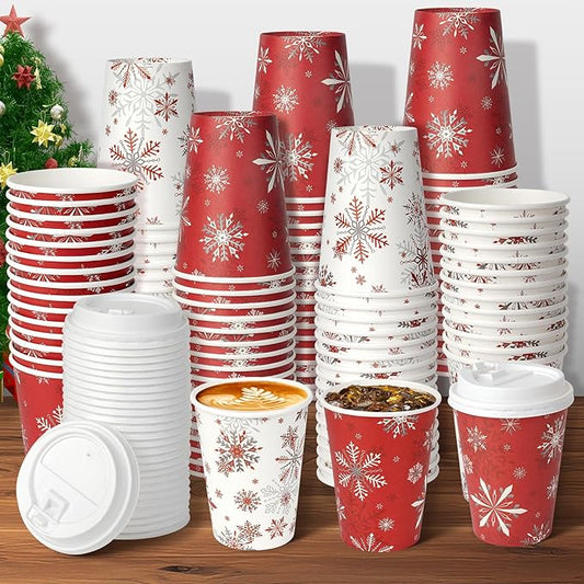 100Set Christmas Paper Cups with Lids 12oz, Bulk Disposable Winter Red Snowflake Cups Coffee Cups, Holiday Paper Cups for Hot Chocolate Cold Drinks Christmas New Year Winter Party Supplies Decorations