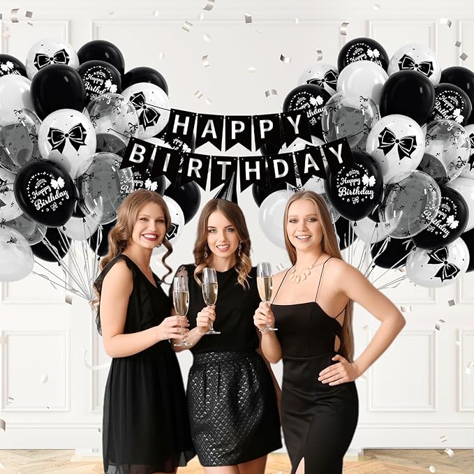 60pcs Black Bow Balloons 12inch with White Black Clear Bow Balloons for Coquette Black and White Birthday Party Decorations