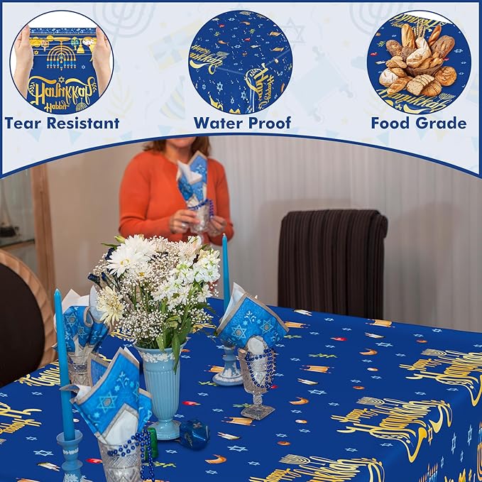3 PCS Hanukkah Decorations, 108" x 54" Blue Gold Hanukkah Tablecloth, Disposable Happy Chanukkah Plastic Tablecloth, Lights Candles Design Rectangle Chanukkah Tablecovers for Jewish Festival Supplies