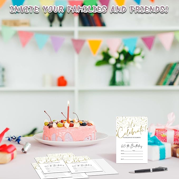 65th Birthday Invitations Cards, 4"x 6" White and Gold Confetti Birthday Party Invites with Envelopes for Party Decorations Supplies(20 Pieces) -D16