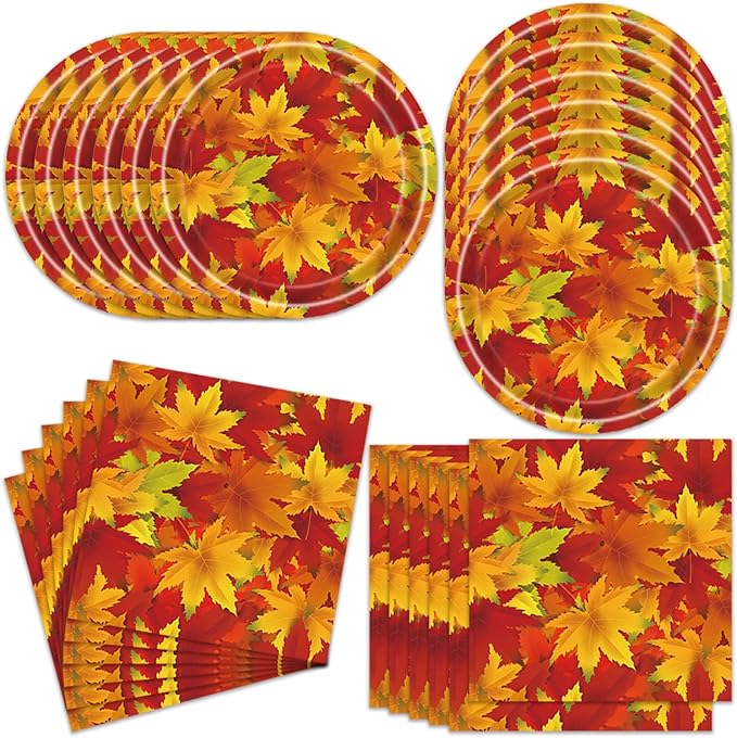 40Pcs Fall Birthday Party Decorations Disposable Autumn October Tableware Set Decor Orange Falling Maple Leaves Birthday Plates and Napkins Supplies Fall Decorations Thanksgiving Party Decorations