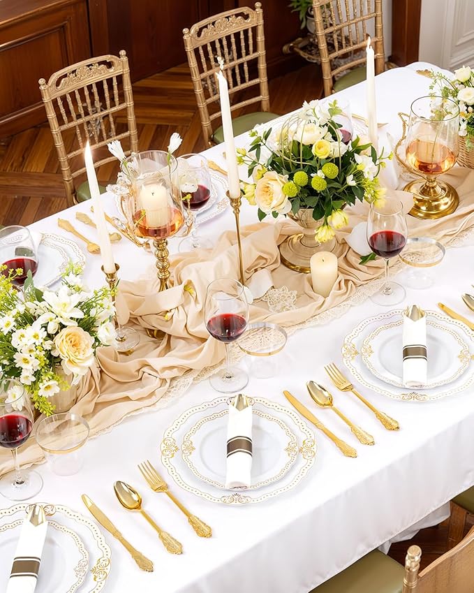 Ciaell 350 PCS Gold Plastic Plates - White and Gold Plates - Gold Disposable Plates Include 50 Disposable Plate, 150 Heavy Duty Silverware, 50 Cups, 50 Napkins for Wedding & Party & Thanksgiving