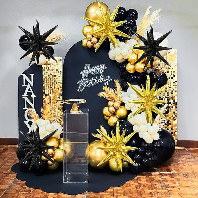 6PCS Black Gold Star Balloons, 22Inch Large Star Balloon Foil Balloons Spike Cone Balloon for Graduation Retirement Birthday New Year Party Decoration