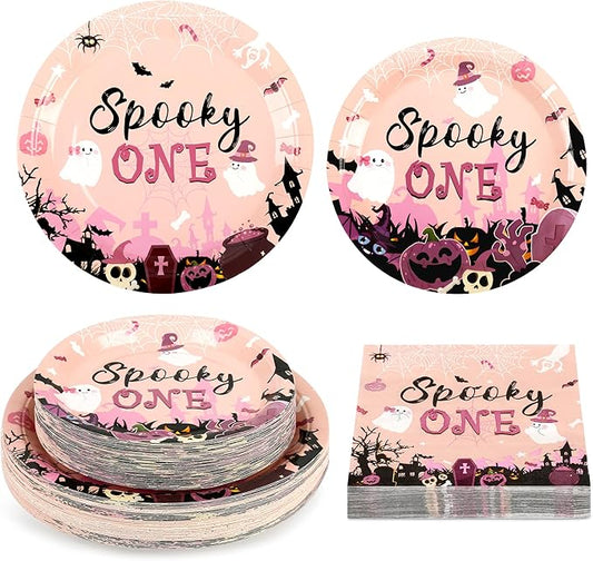 150Pcs Halloween Spooky One Birthday Decorations Pink Cute Halloween Plates and Napkins Pink Ghost Baby Shower Plates Disposable for Hallowen Girl 1st Birthday Party Supplies,Serves 50