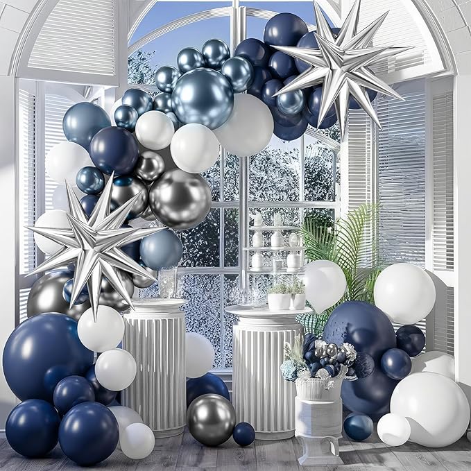 Blue Silver Balloon Arch Kit, Navy Blue Silver White Balloon Garland with Metallic Light blue silver Balloons Star Foil Balloons for Boys Men Birthday Wedding Graduation Baby Shower Party Decoration