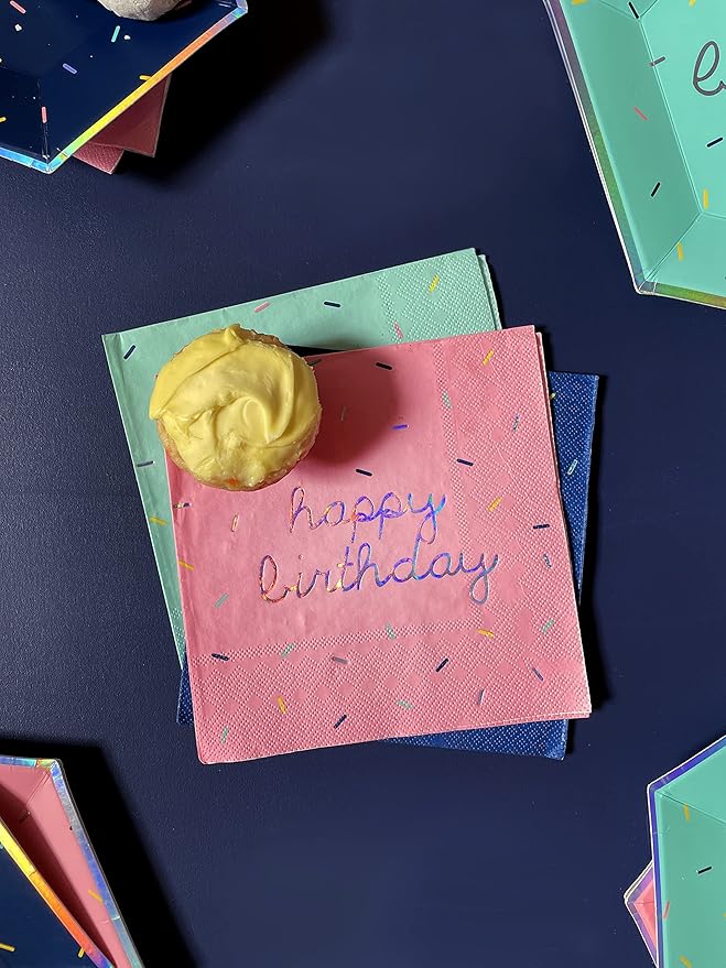 Harlow & Grey Sprinkles Party Plates and Napkins Set, 60-pc Bright Happy Birthday Kit, Multi- Color Pack w/ Pink, Teal, Navy Blue Disposable Paper Dinnerware Supplies for Kids, Adult Parties