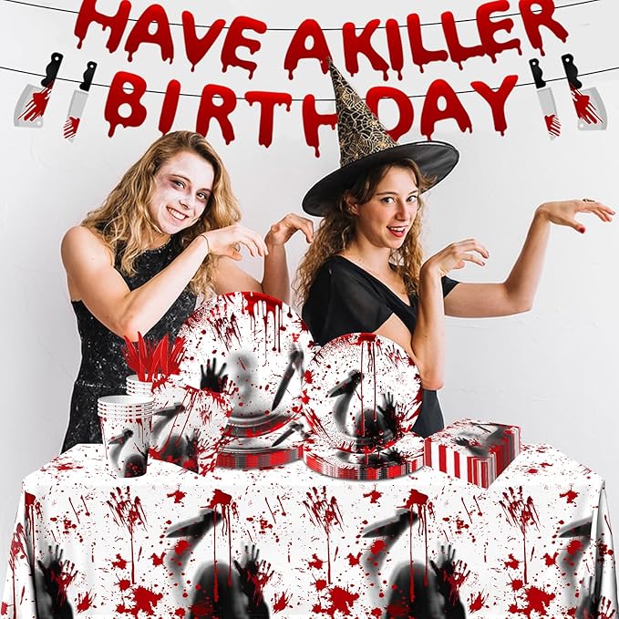 Have a Killer Birthday Decoration,142PCS Halloween Scary Party Tableware Decorations Include Killer Banner Horror Plates Napkins Bloody Tablecloth for Horror Themed Birthday Supplies