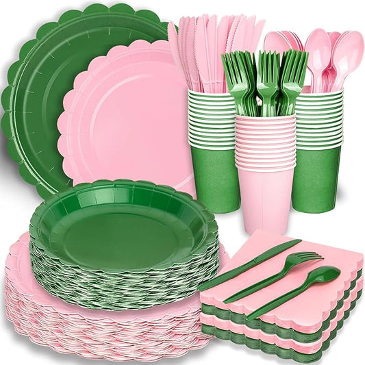 416 Pcs Pink And Green Party Supplies - For 52 Guests Paper Plates And Napkins Knives Spoons Forks Cups - Disposable Small Scalloped Dinner Party Set Cutlery - For Baby Shower Bridal Shower Wedding
