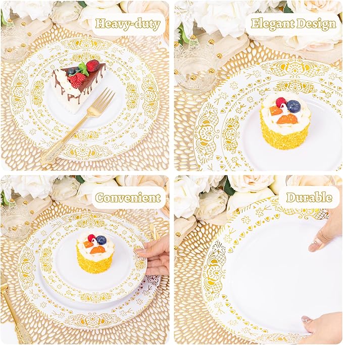 GATHER 350PCS White and Gold Plastic Plates - Gold Disposable Dinnerware Set Include 50 Dinner Plates, 50 Dessert Plates, 150 Gold Plastic Silverware, 50 Napkins, 50 Cups for Wedding & Christmas