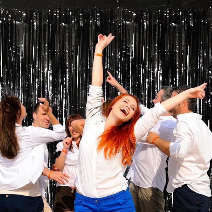 2 Pack Black Tinsel Foil Fringe Curtains, Black Party Decorations, Metallic Tinsel Party Streamers Backdrop for Birthday Halloween New Years Graduation Party Decorations