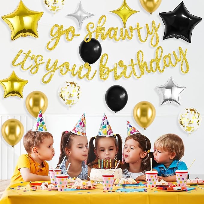 Gold Go Shawty It's Your Birthday Banner Balloons Set, Glitter Happy Birthday Banner with Black Gold Confetti Balloon Star Foil Balloon for Man Women Hip Hop Rap Theme Birthday Party Decorations