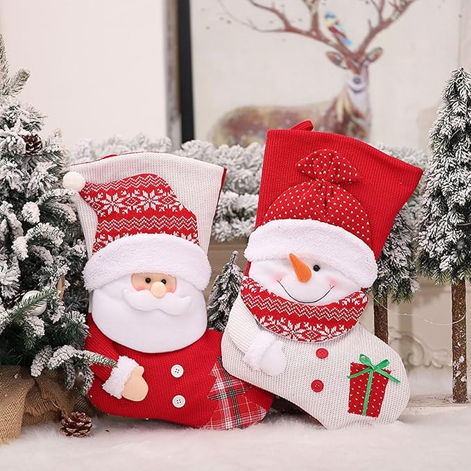 2 Pack Christmas Stockings, Large Stockings, Personalized Knitted 3D Pattern Santa Snowman Socks, Eve Candy Stocking Bag for for Holiday Xmas Party Decoration (Style 2, Santa Snowman)