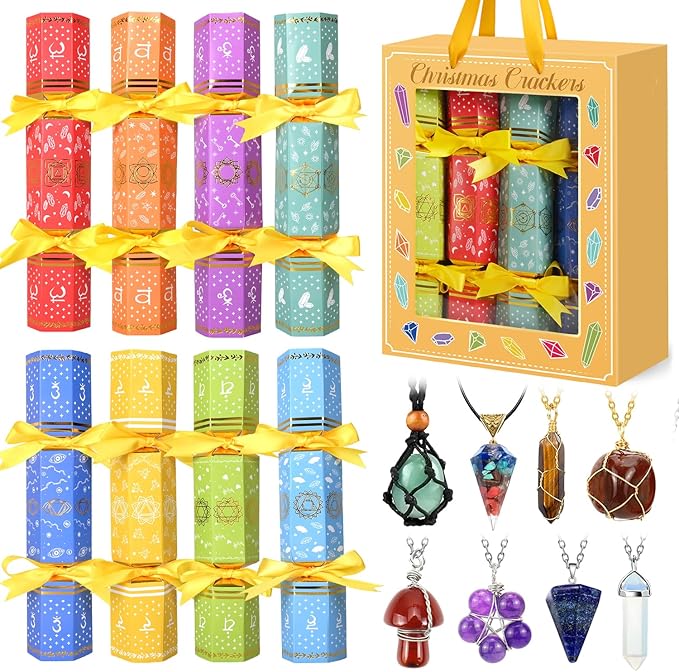MOVINPE 8 Pack Christmas No Snap Party Table Favors, 10” Christmas Table Decorations with Gemstone Necklaces, Paper Crown, Joke Card, Traditions Holiday Family Dinner Gift Set