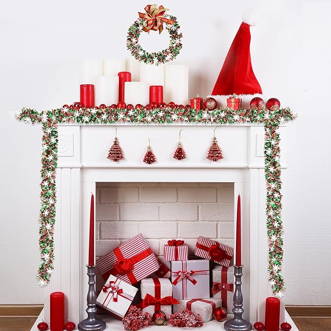 50FT Red Green White Christmas Tinsel Garland with Snowflake Ornaments Metallic Shiny Xmas Garland for Christmas Tree Decoration Holiday Hanging Garlands Indoor Outdoor Home Office Party Holiday Decor