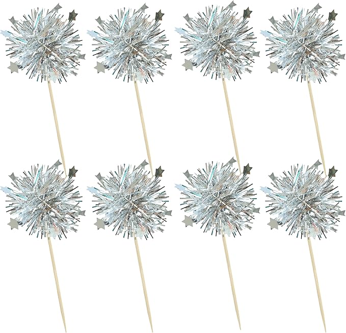 Ephlyn 30Pcs Foil Firework Cupcake Toppers Party Birthday Cake Toppers Supplies Sparkle Tinsel Cocktail Fruit Toothpick for Birthday Wedding Graduation Party Silver