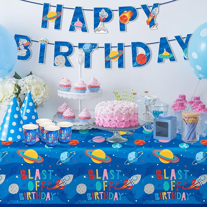 Outer Space Party Supplies - Solar System Planet-Themed Disposable Paper Plates, Napkins, Cups, Tablecloth, and Banner: Ideal Galaxy Space Birthday Decorations for Party of 25