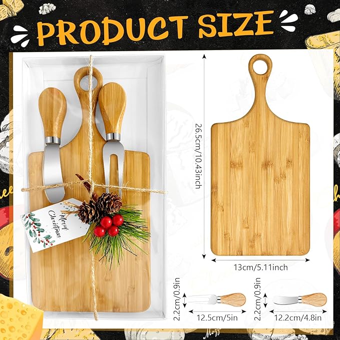 2 Set Christmas Gifts Bridal Shower Favor Bamboo Wooden Square Cheese Board Gift Set Cheese Knives Mini Cutting Board Bulk Set Tags and Boxes Christmas Party Birthday